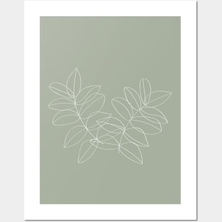 Boho Sage Green, Decor, Line Art, Botanical Leaves Posters and Art